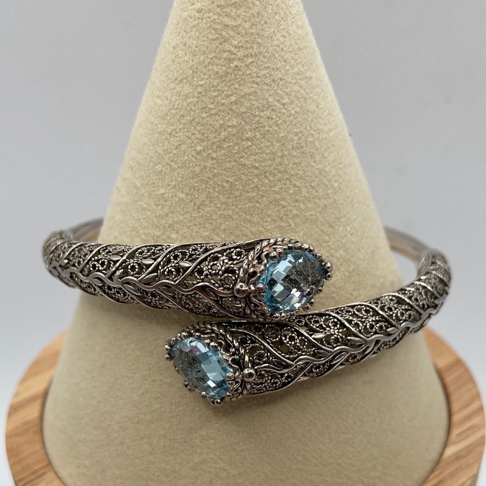 Ottoman Couture Sterling Silver 925 Filigree Bypass Cuff Bracelet Blue Topaz M